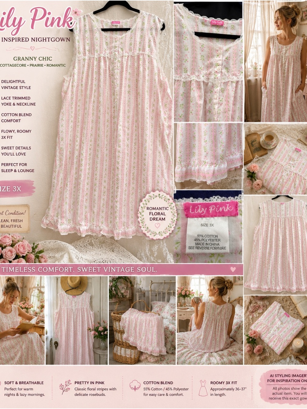 Sweet vintage Lily Pink nightgown in a hard-to-find plus size 3X, with the roman